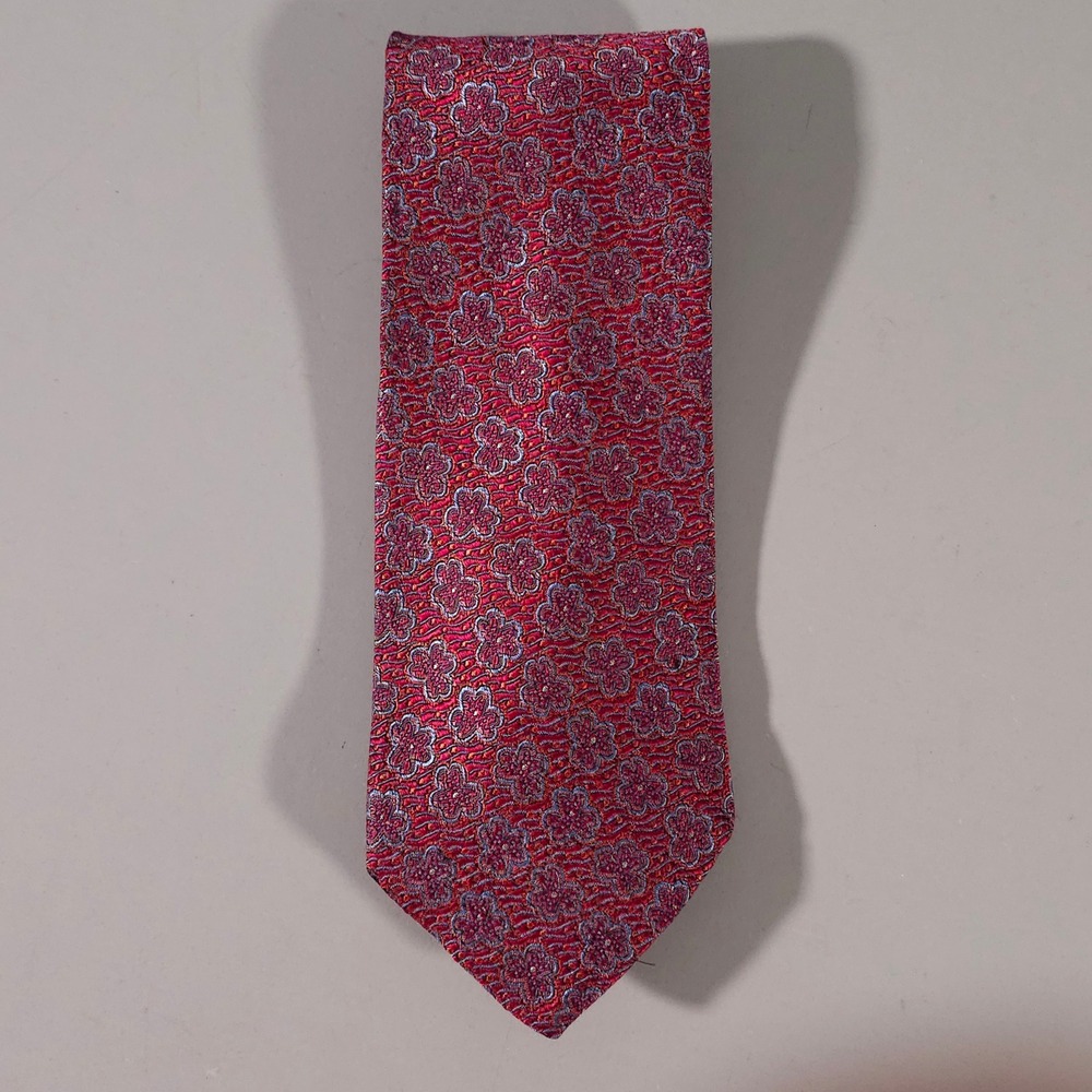 Hickey Freeman Necktie Mens OS Red Blue Floral Medallion 100% Silk Accessory